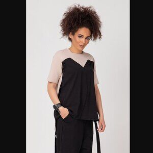 ADEPTT Cotton Blend Black w. Beige Geometric Cut High Low Belted Tunic women XL